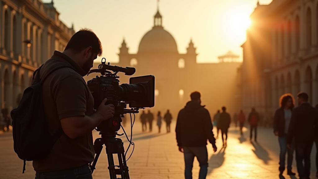 Cinematic scene on location in Argentina: a camera crew setting up equipment near a historical building in Buenos Aires.
