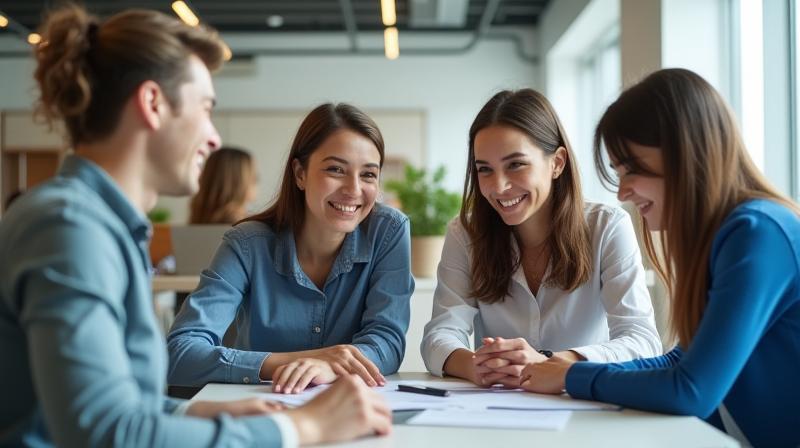 Photo of a diverse and friendly Escenarios Argentinos support team smiling and collaborating in a bright office environment.